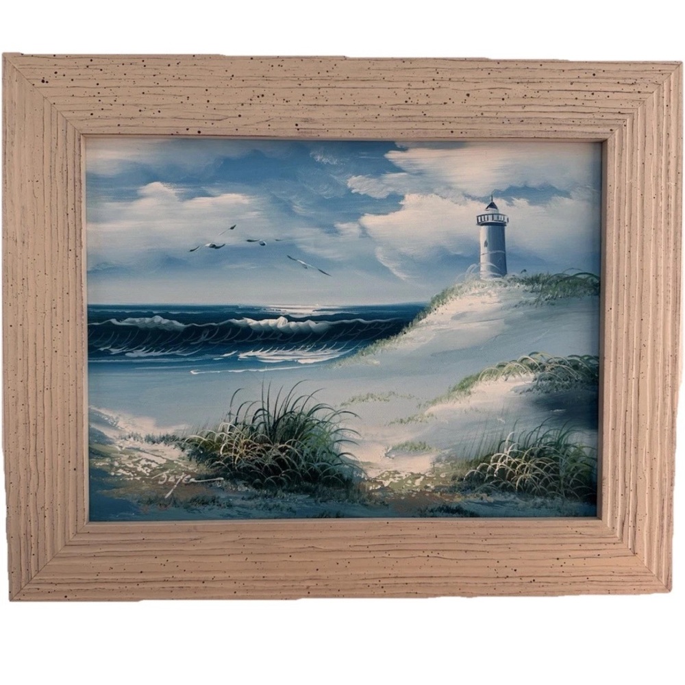 Beach Seascape Lighthouse Original Oil Famed Painting Signed By Artist  Coastal